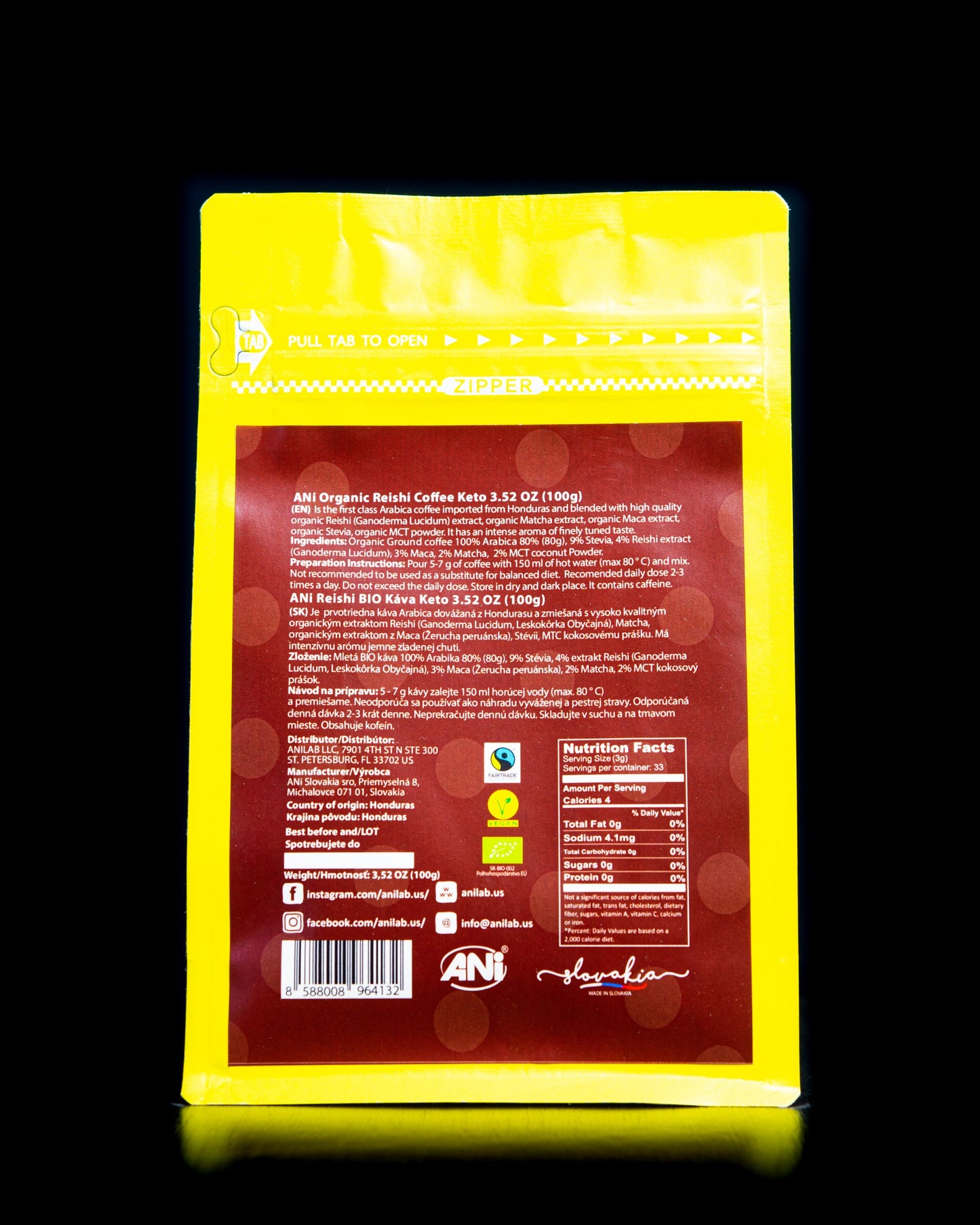 Café moulu Keto Reishi BIO à l'huile MCT - Maca - Matcha - Stevia 100g ANilab
