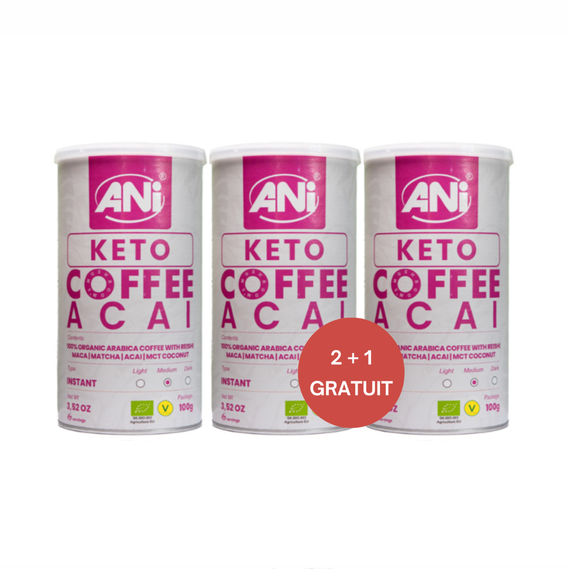 Café instantané Keto Acai avec Reishi, Maca, Matcha, Acai, noix de coco MCT boite 100g 2+1 gratuit ANilab