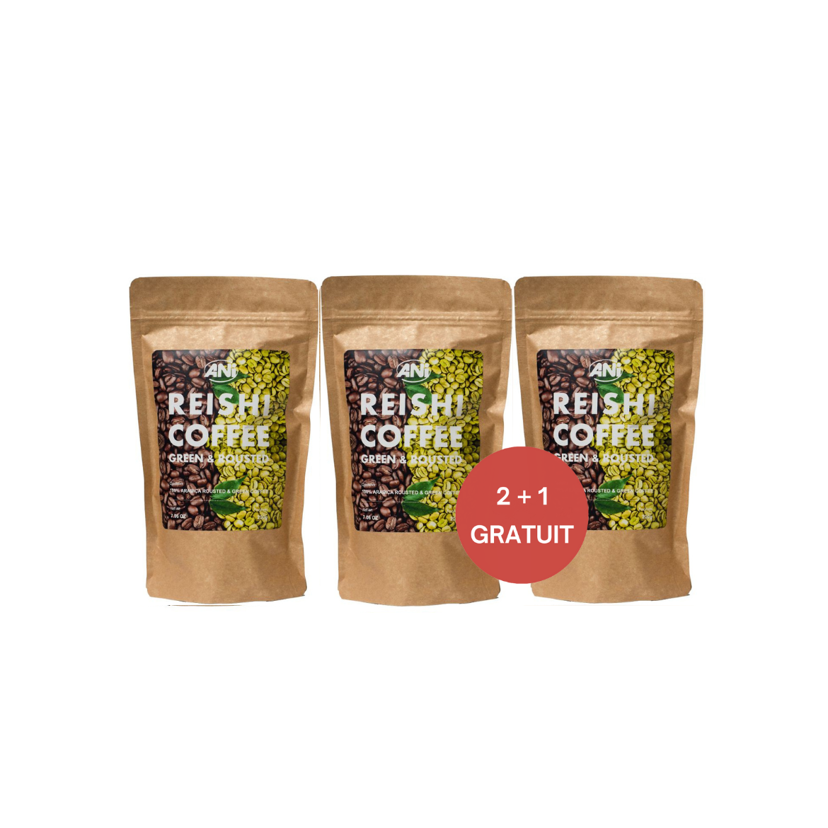 Café vert et torréfié au Reishi - BOMBE ANTIOXYDANTE - Un mélange de grains de café Arabica torréfiés et bruts sélectionnés et de Reishi de qualité biologique - 200g 2+1 gratuit ANilab