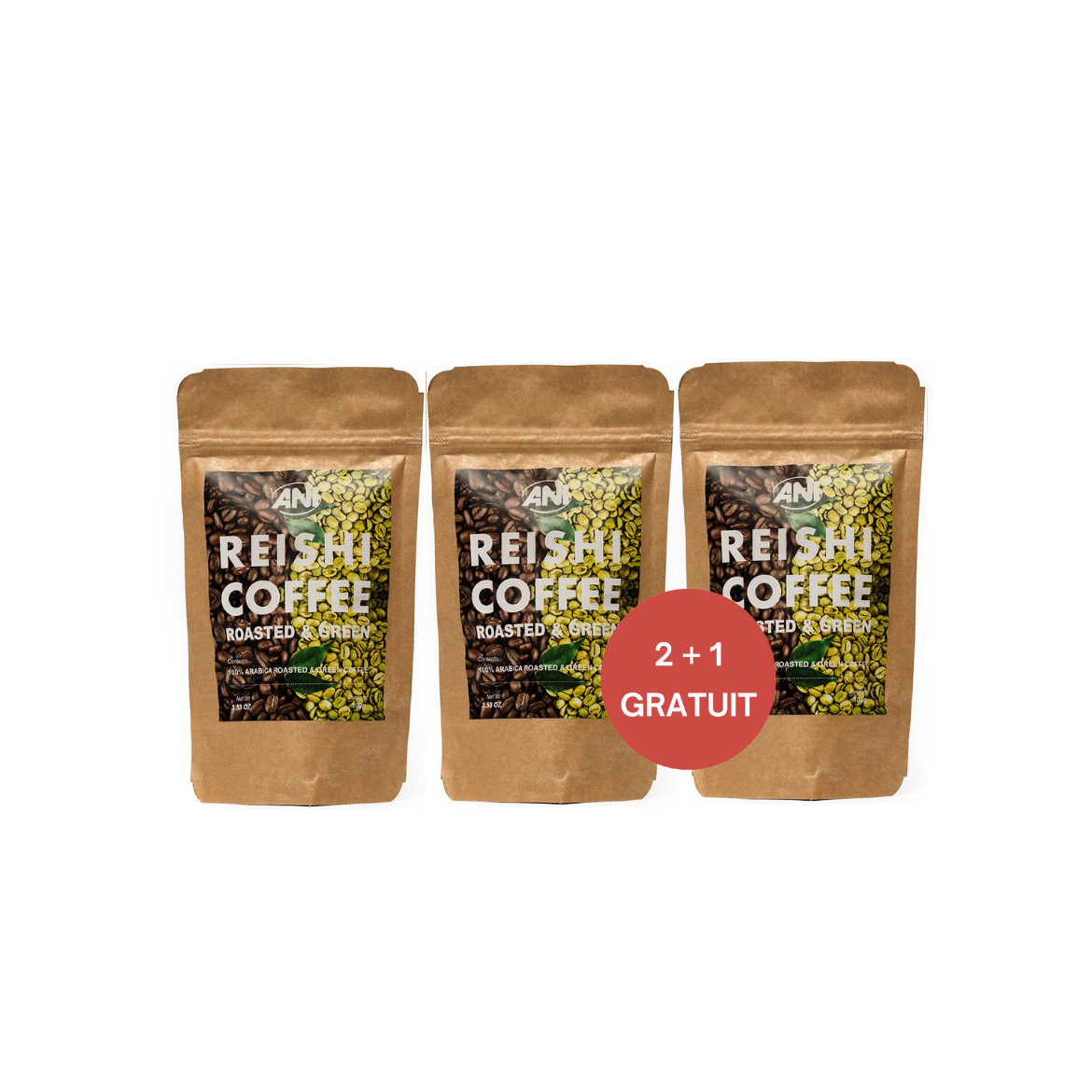 Café vert et torréfié au Reishi - BOMBE ANTIOXYDANTE - Un mélange de grains de café Arabica torréfiés et CRUS avec de la poudre BIO Ganoderma lucidum 100g 2+1 gratuit 50%/50% ANilab