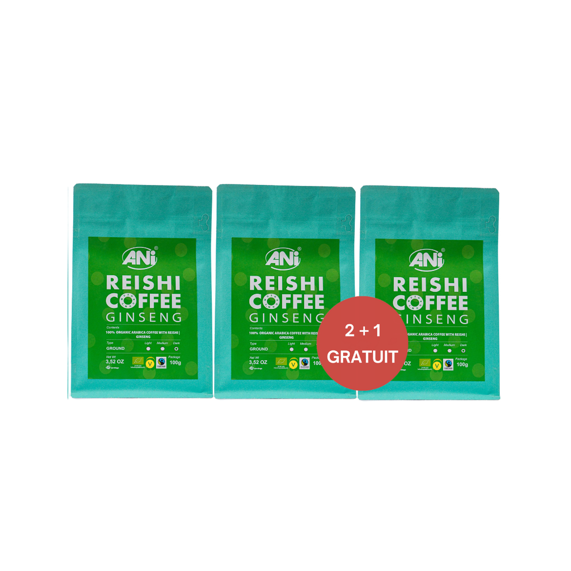 ANi Ginseng Reishi BIO café moulu 100g 2+1 Gratuit