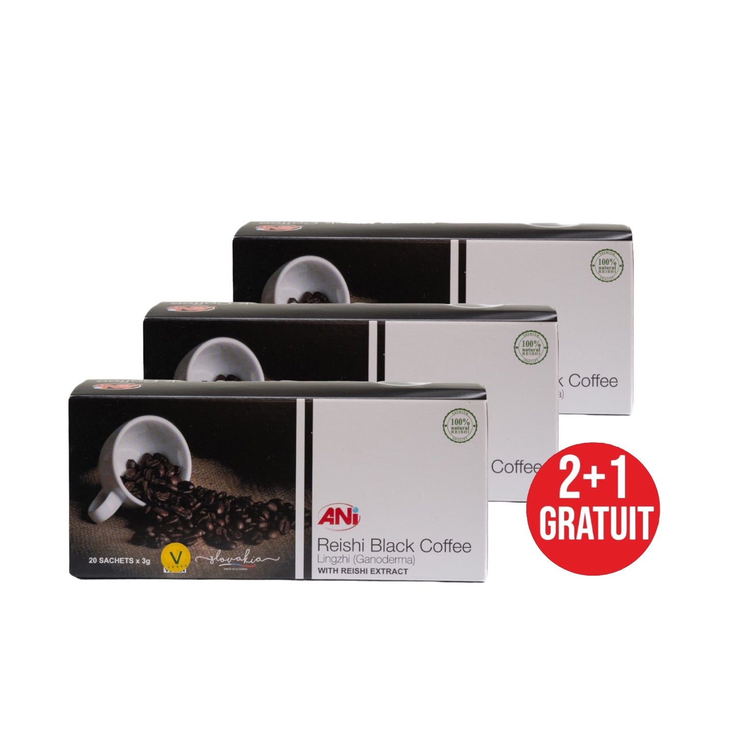 Café noir instantané ANi au Reishi - EXCELLENT GOÛT, FORT ÉVEIL - 100% Arabica du Brésil et 6,7% extrait de Ganoderma Lucidum - Boîte 20X3g 2+1 Gratuit ANilab