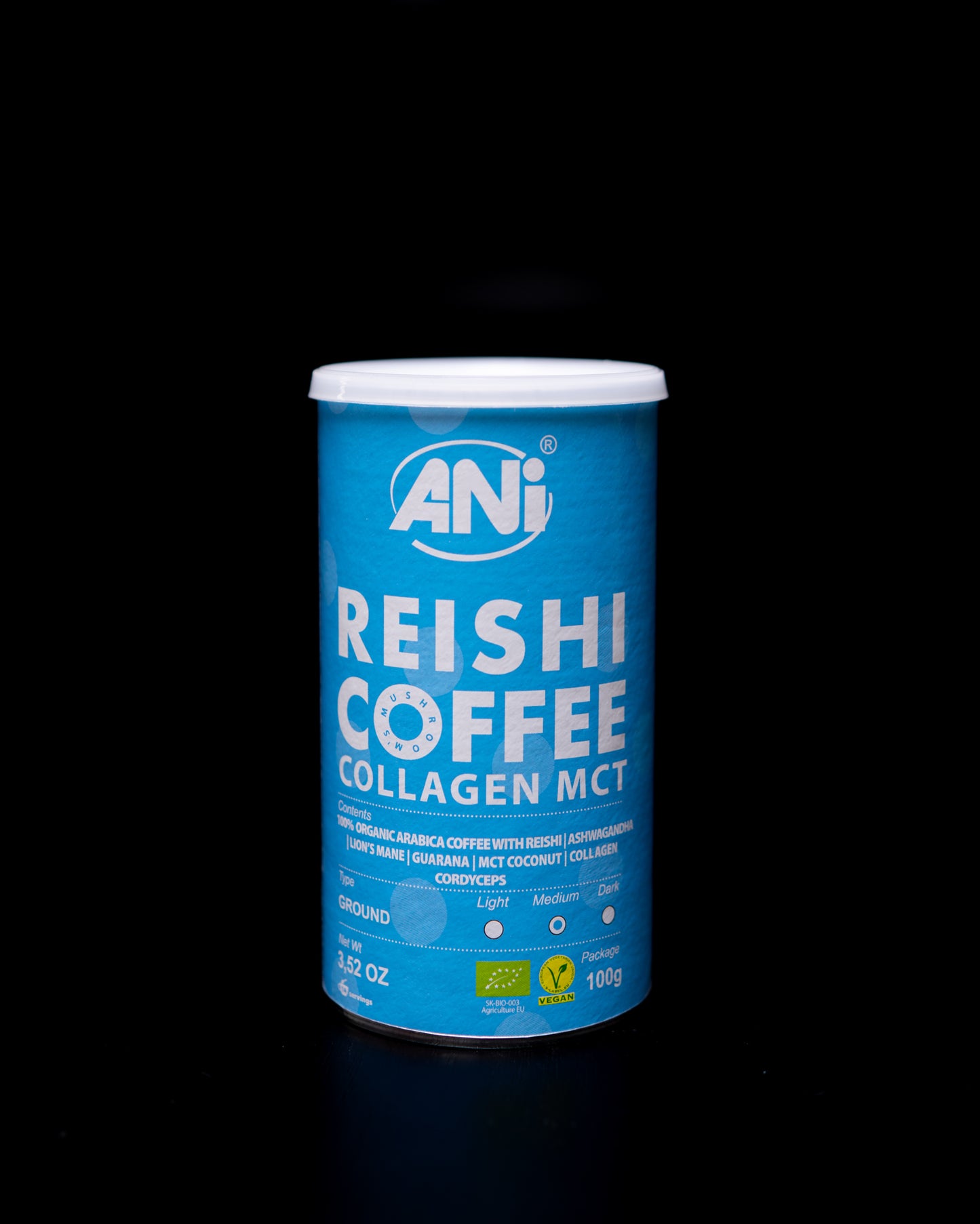 Café moulu Collagène Reishi BIO à l'huile MCT - Cordyceps - Ashwagandha - Crinière de Lion - Guarana Boîte 100g 2+1 gratuit ANilab