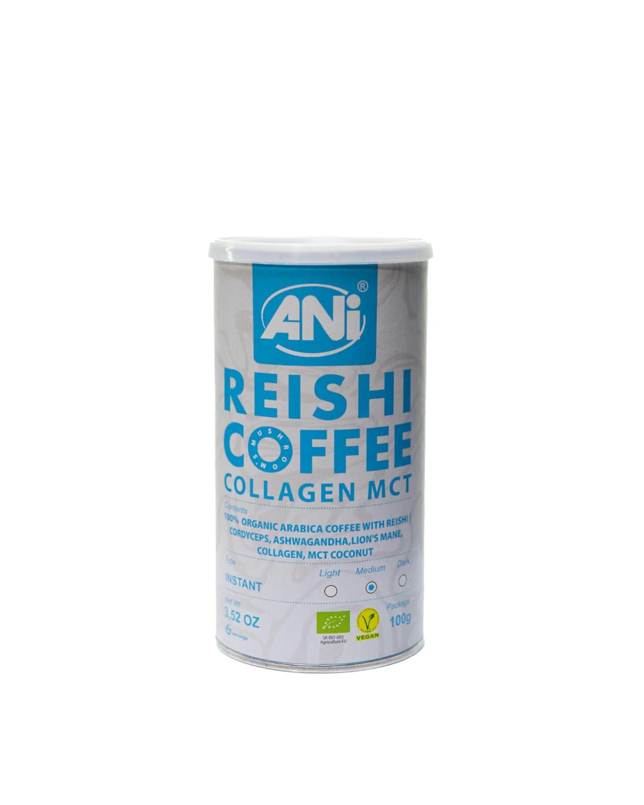 Reishi Coffee Collagen MCT BIO Café Instantané avec du Cordyceps, de l'Ashwagandha, du Chaga, du Guarana et de la Criniere de Lion - Boite 100g - 2+1 gratuit