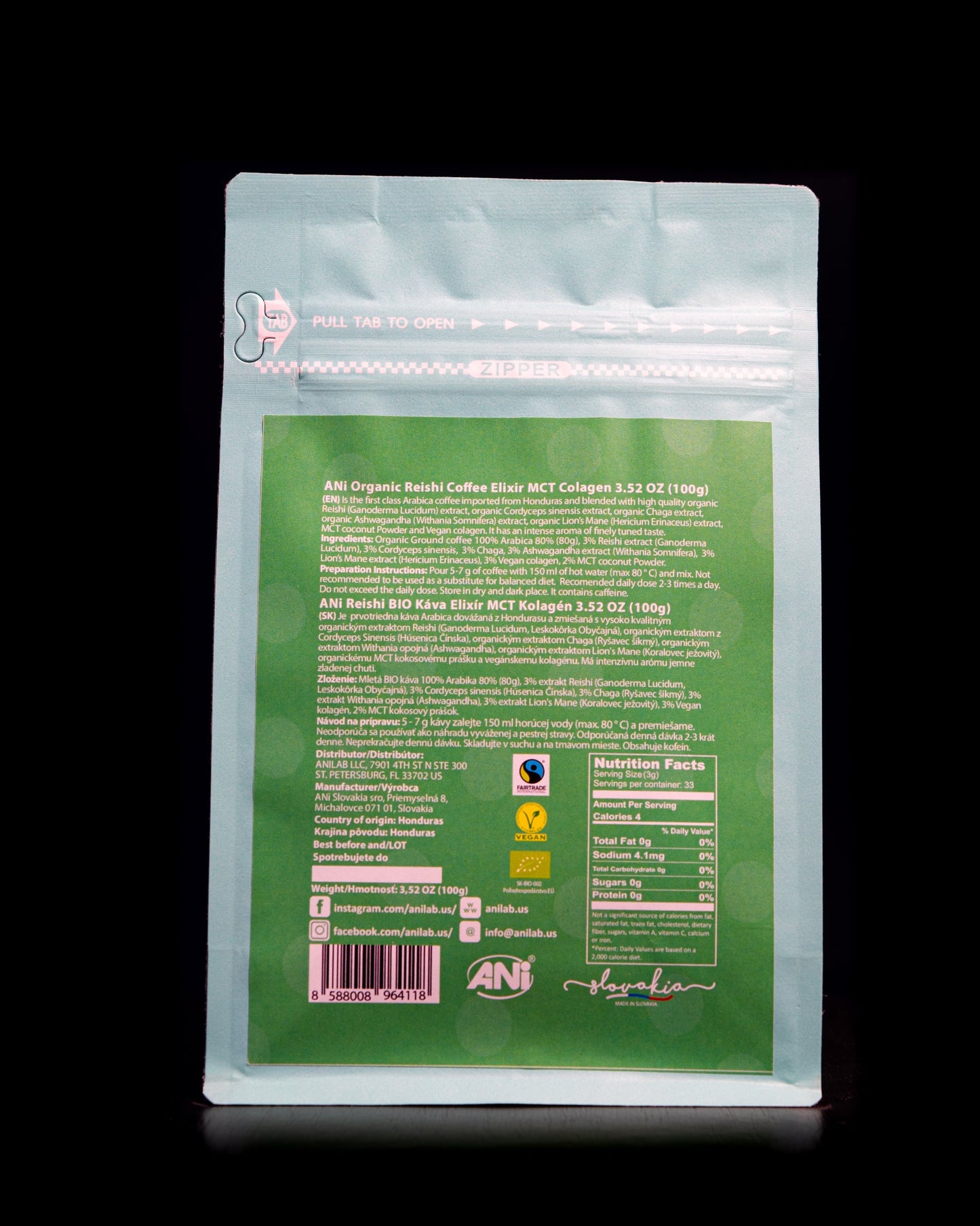 Café moulu Collagène Reishi BIO à l'huile MCT - Cordyceps - Ashwagandha - Chaga - Guarana - Lion's Mane 100g ANilab