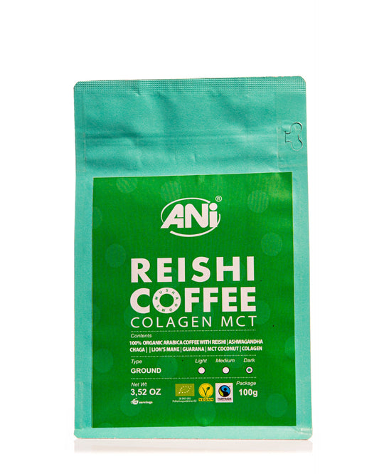 Café moulu Collagène Reishi BIO à l'huile MCT - Cordyceps - Ashwagandha - Chaga - Guarana - Lion's Mane 100g ANilab