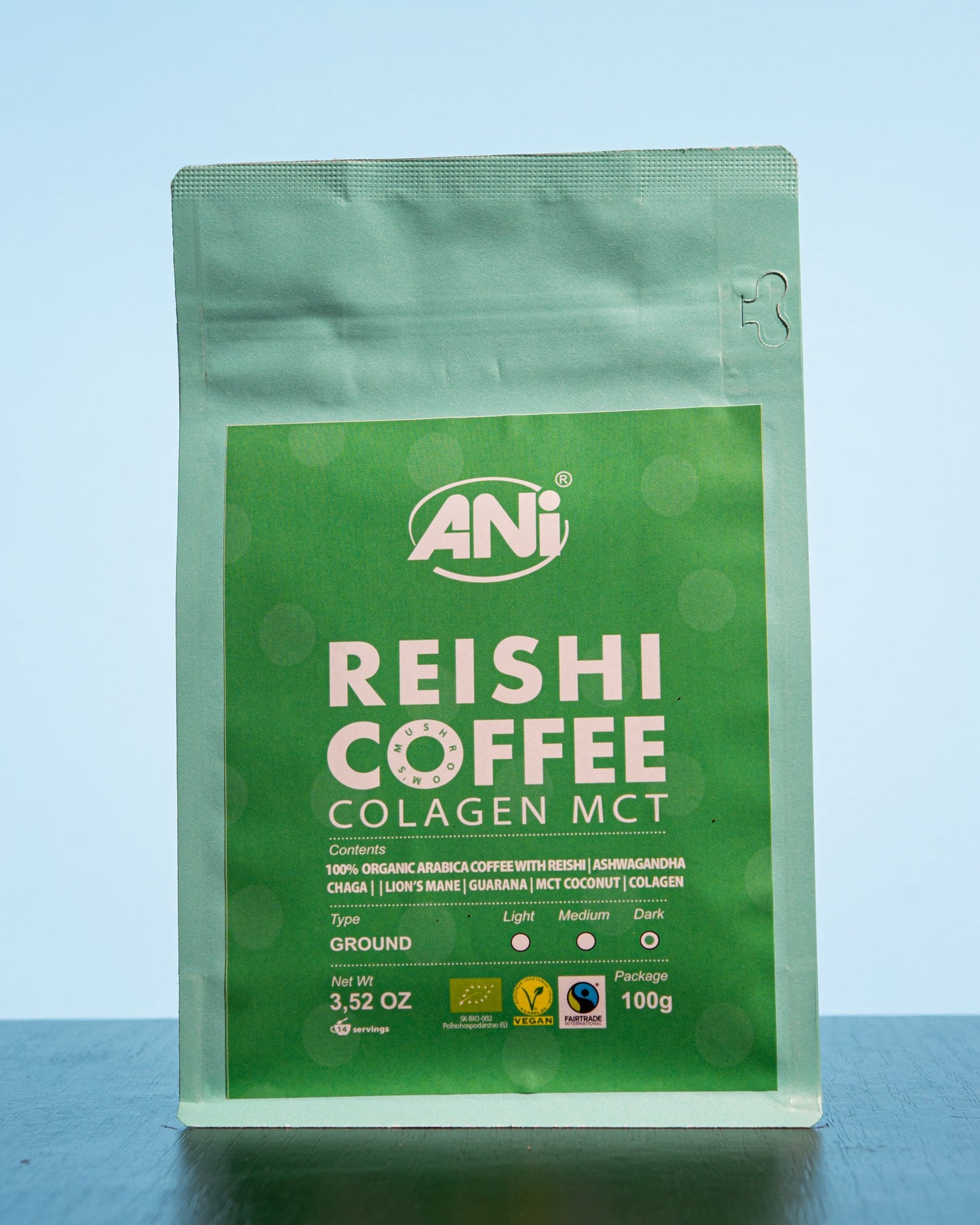 Café moulu Collagène Reishi BIO à l'huile MCT - Cordyceps - Ashwagandha - Chaga - Guarana - Lion's Mane 100g ANilab