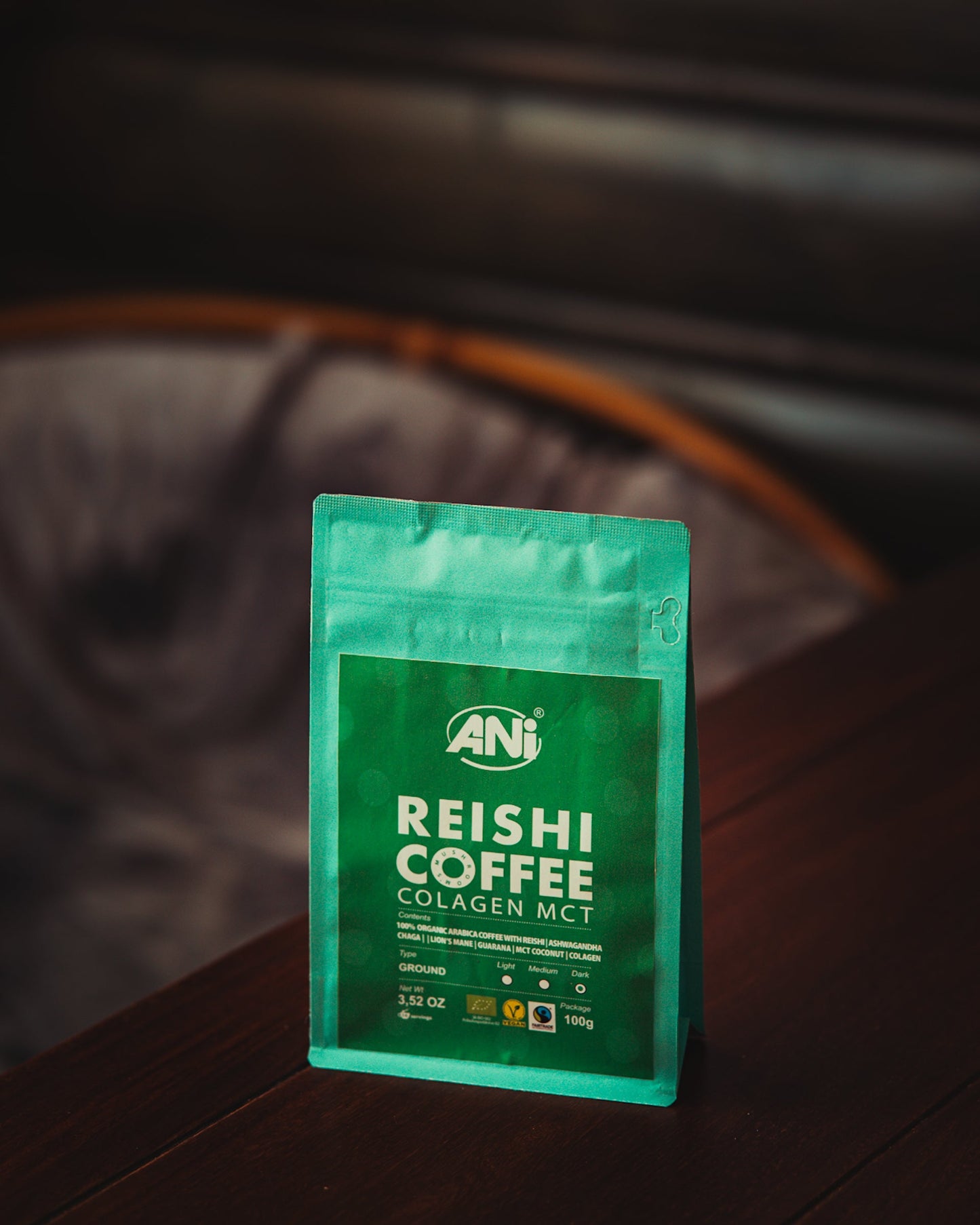 Café moulu Collagène Reishi BIO à l'huile MCT - Cordyceps - Ashwagandha - Chaga - Guarana - Lion's Mane 100g ANilab