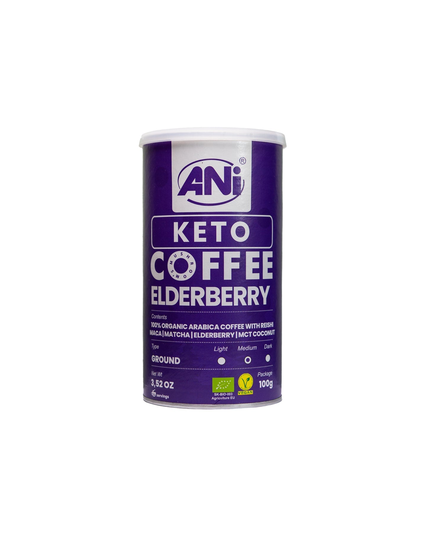 Café moulu Keto Elderberry avec Reishi, Maca, Matcha, Sureau, noix de coco MCT 100g boîte ANilab