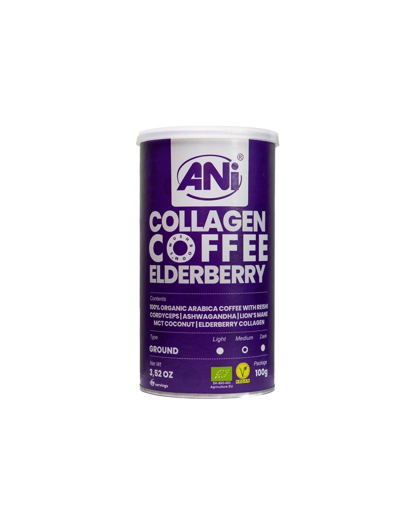 Café moulu de sureau au collagène avec Reishi, Cordyceps, Ashwagandha, crinière de lion, noix de coco MCT, boîte ANilab
