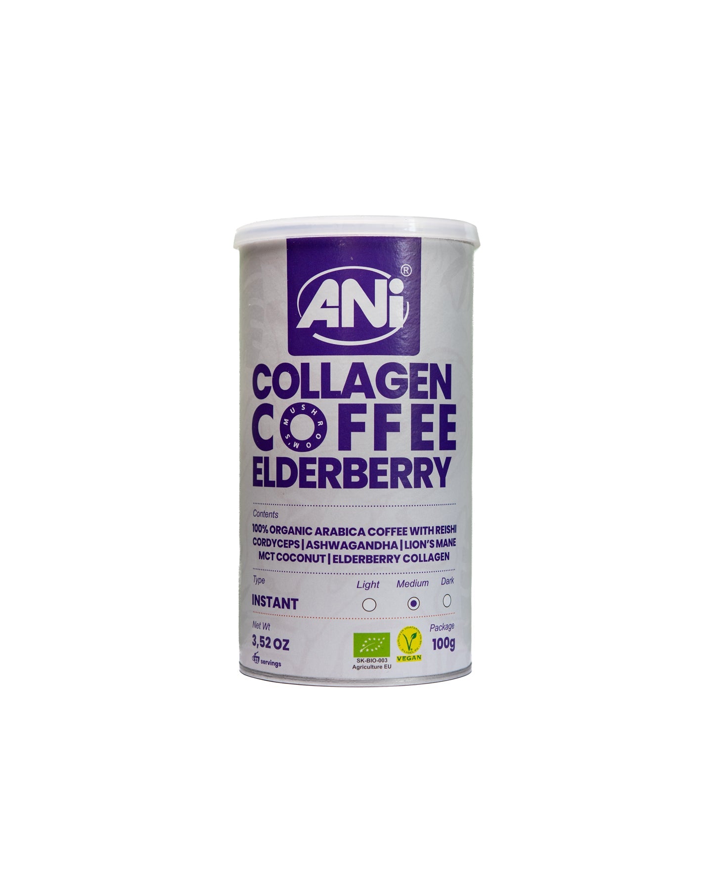 Café instantané avec Booster de Collagène et aux baies de sureau avec Reishi, Cordyceps, Ashwagandha, Lion's Mane, noix de coco MCT, boîte 100g