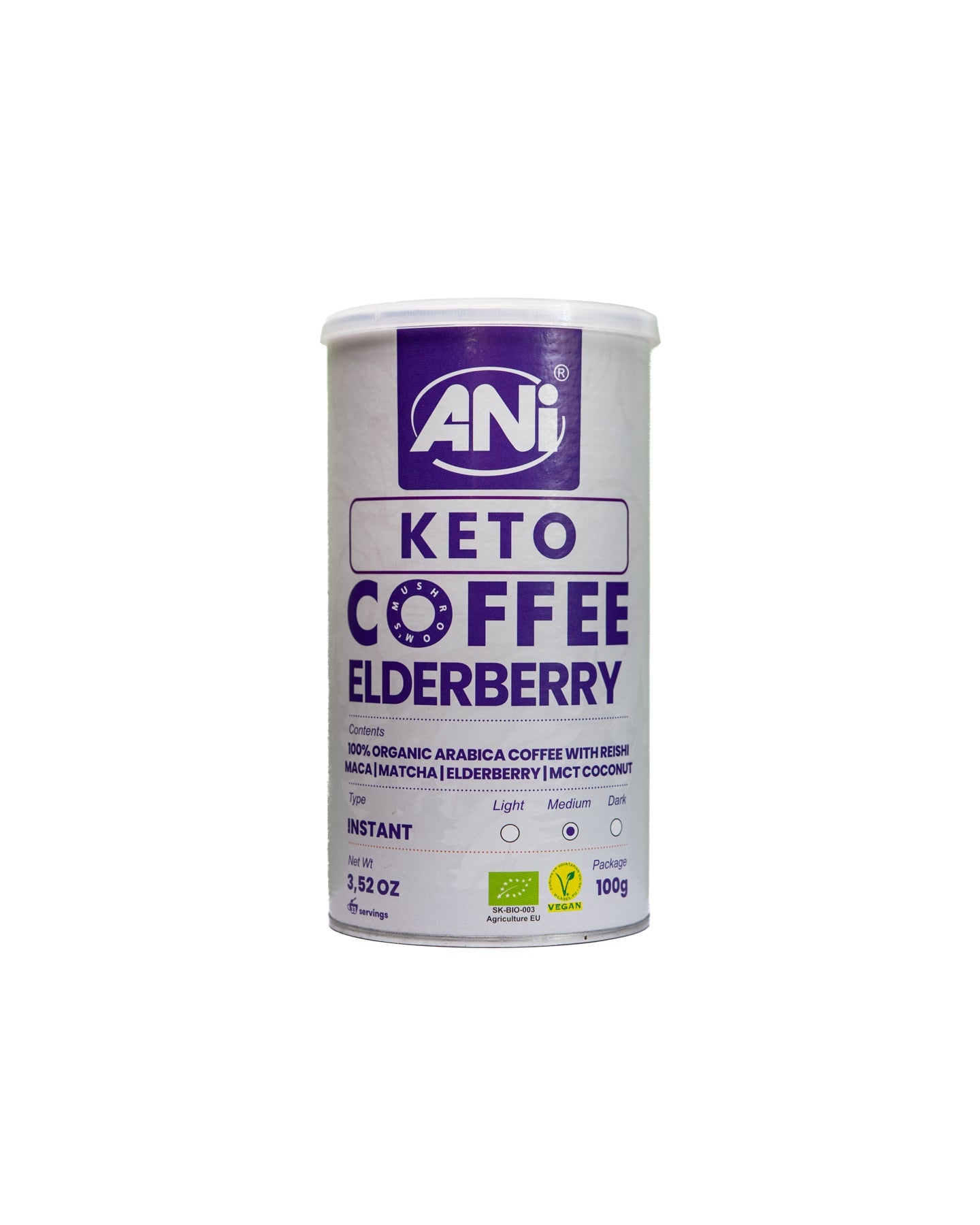 Café instantané Keto Elderberry avec Reishi, Maca, Matcha, Sureau, noix de coco MCT Boite 100g ANilab