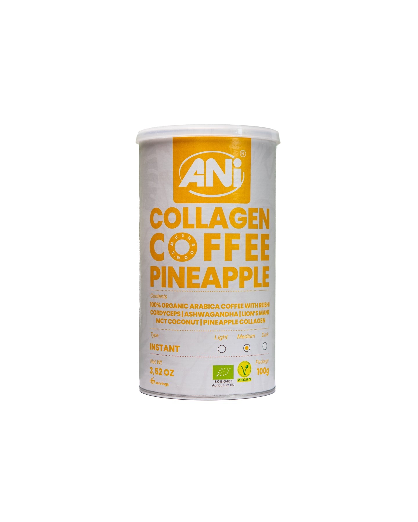 Café instantané au collagène et à l'ananas avec Reishi, Cordyceps, Ashwagandha, Lion's Mane, noix de coco MCT Boite 100g