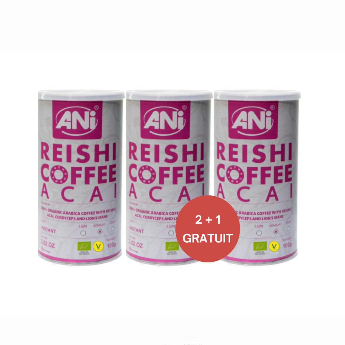 ANi  Reishi Coffee Acai BIO à la Crinière de Lion et Cordyceps Boîte 100g 2+1 Gratuit