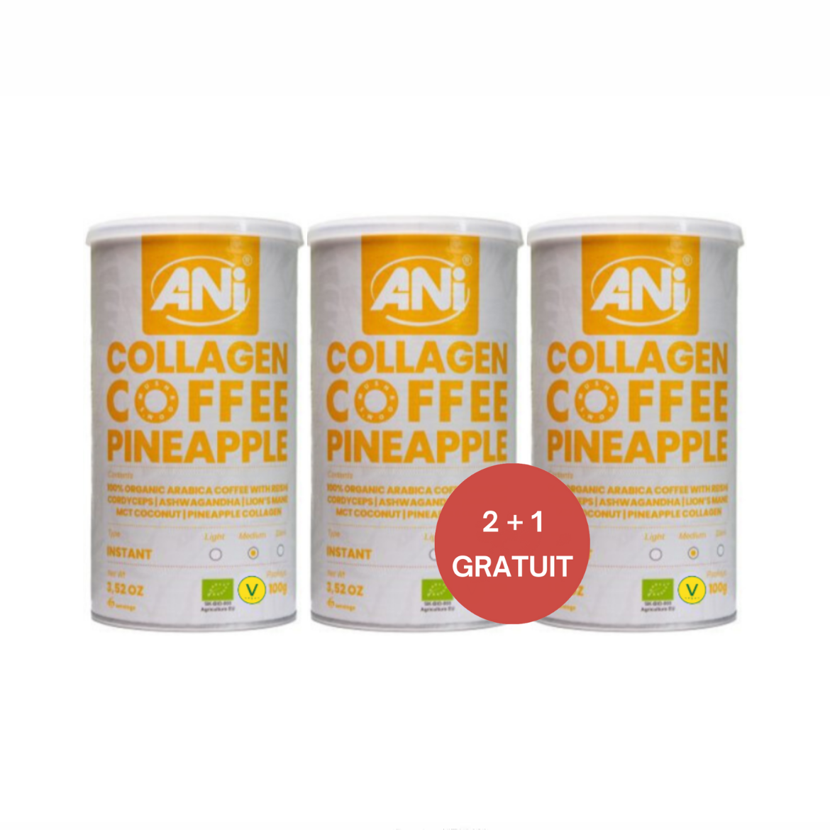 Café instantané au collagène et à l'ananas avec Reishi, Cordyceps, Ashwagandha, Lion's Mane, noix de coco MCT Boite 2+1 gratuit