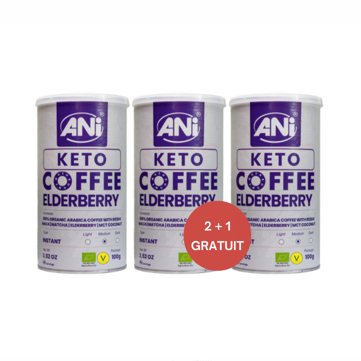 Café instantané Keto Elderberry avec Reishi, Maca, Matcha, Sureau, noix de coco MCT Boite 100g 2+1 gratuit ANilab
