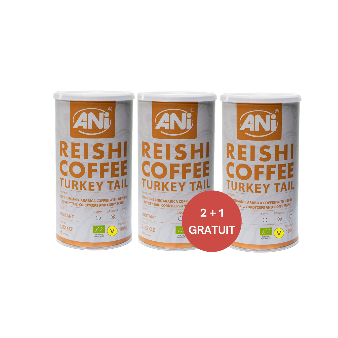 Café instantané Turkey tail Reishi BIO - Cordyceps, Crinière de Lion boite 100g 2+1 gratuit ANilab