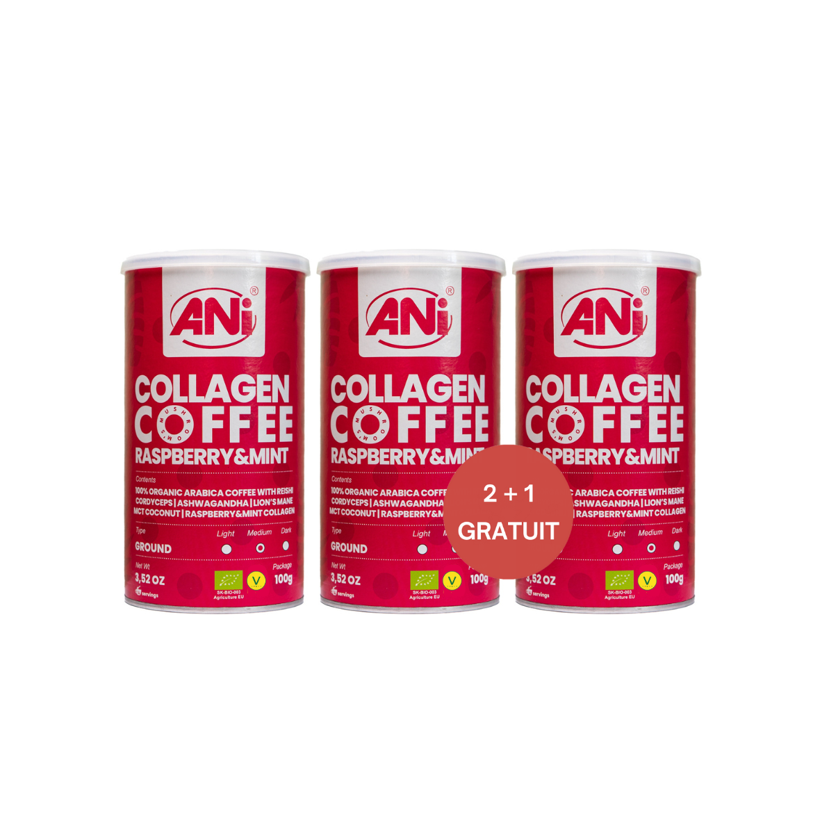 Café moulu Collagène Framboise et Mint avec Reishi, Cordyceps, Ashwagandha, Crinière de Lion, Noix de Coco MCT, Collagène Framboise et Mint boite 2+1 gratuit ANilab
