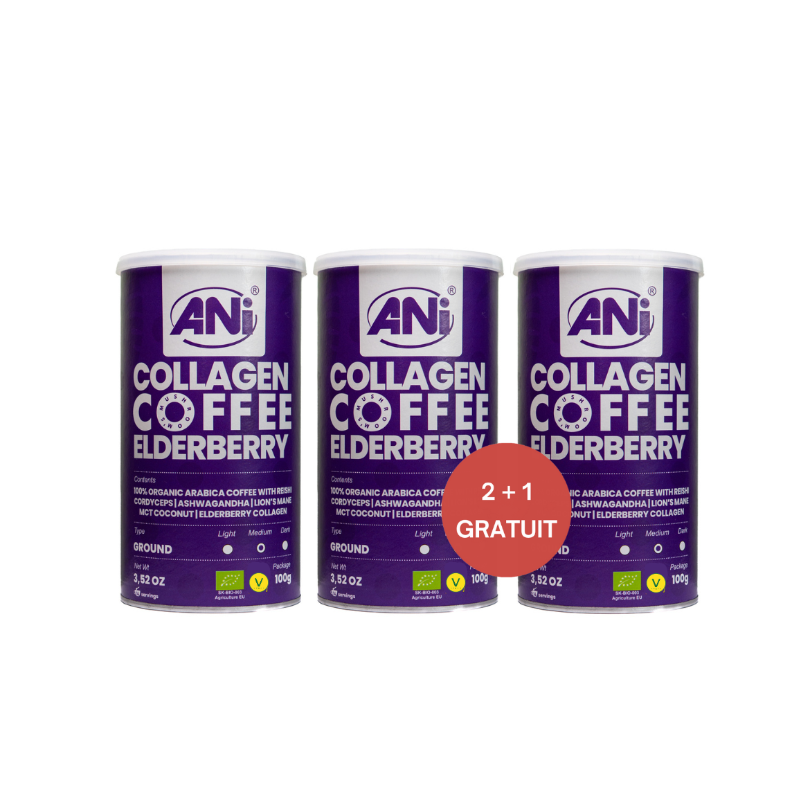 Café moulu de sureau au collagène avec Reishi, Cordyceps, Ashwagandha, crinière de lion, noix de coco MCT, boîte 2+1  gratuit ANilab