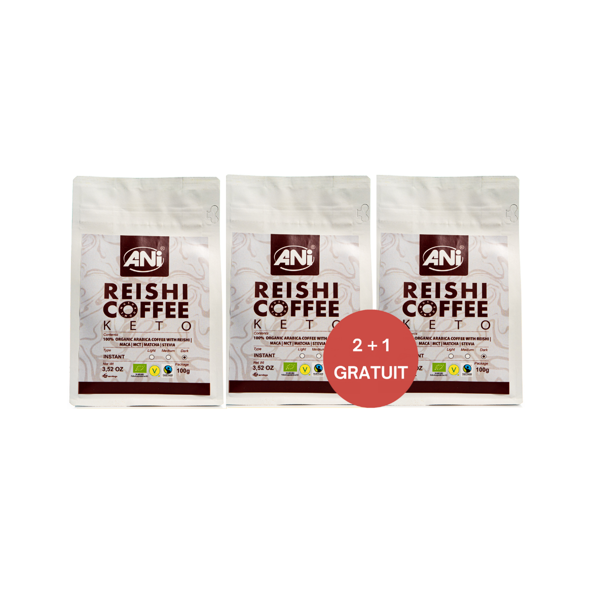 Café instantané Keto Reishi BIO à l'huile MCT - Maca - Matcha - Stevia 100g 2+1 gratuit ANilab