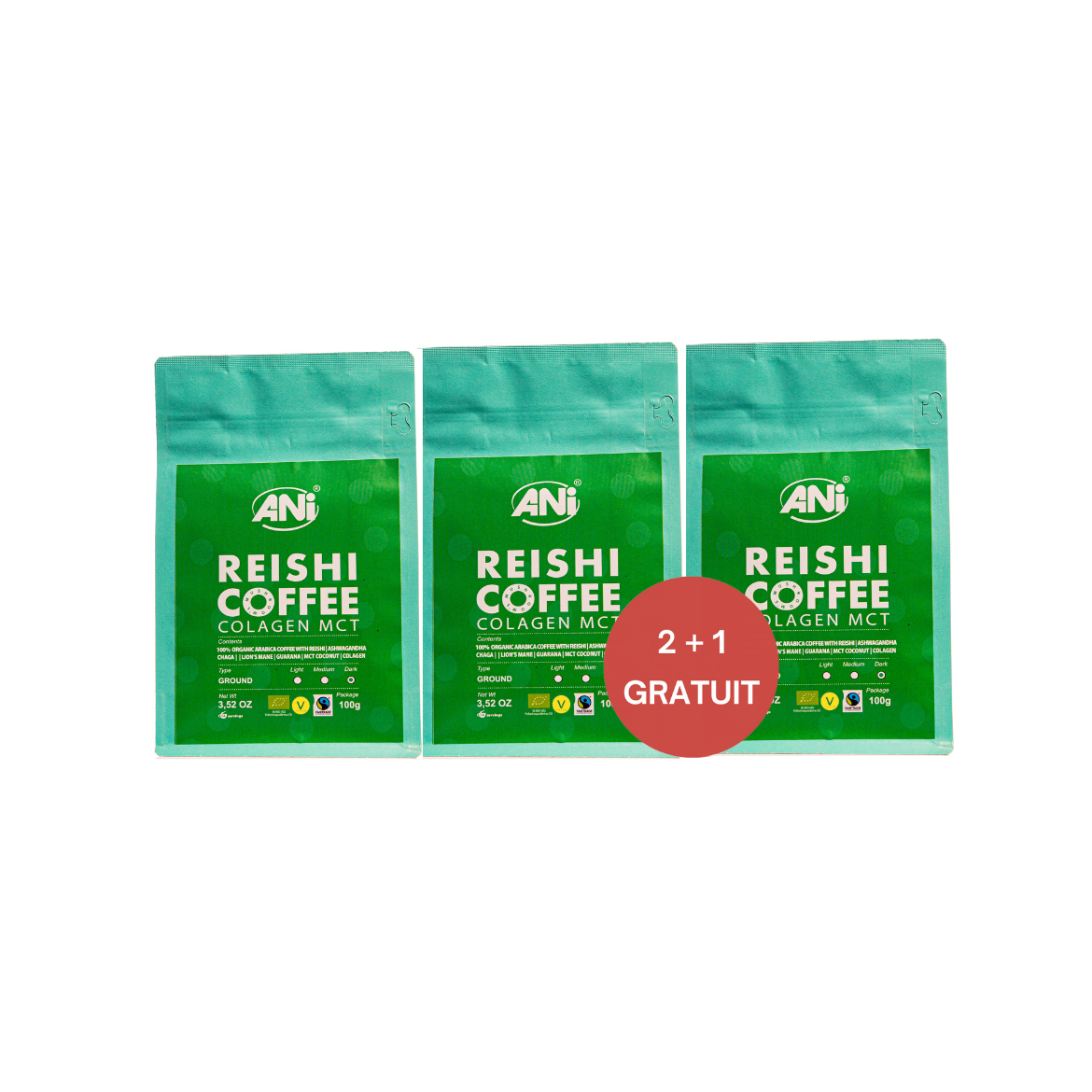 Café moulu Collagène Reishi BIO à l'huile MCT - Cordyceps - Ashwagandha - Chaga - Guarana - Lion's Mane 100g 2+1 gratuit ANilab