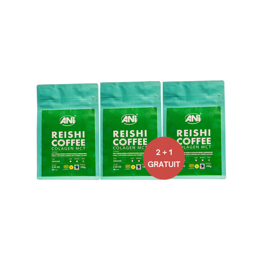 Café moulu Collagène Reishi BIO à l'huile MCT - Cordyceps - Ashwagandha - Chaga - Guarana - Lion's Mane 100g 2+1 gratuit ANilab