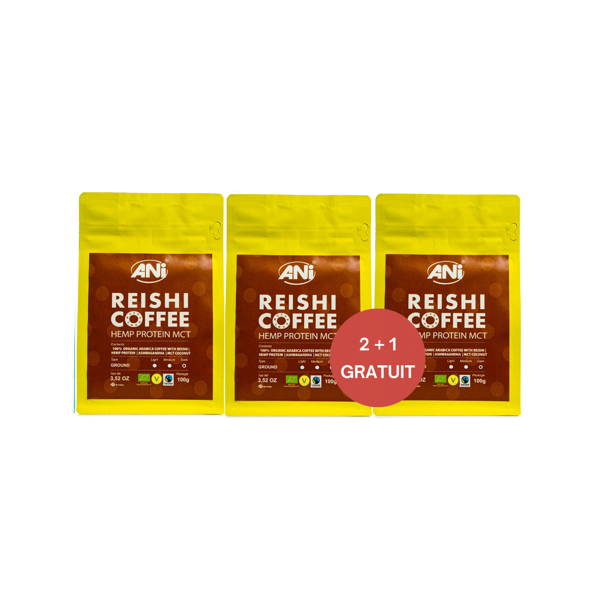 café Arabica moulu Reishi Protéine de chanvre MCT BIO  100g 2+1 gratuit ANilab