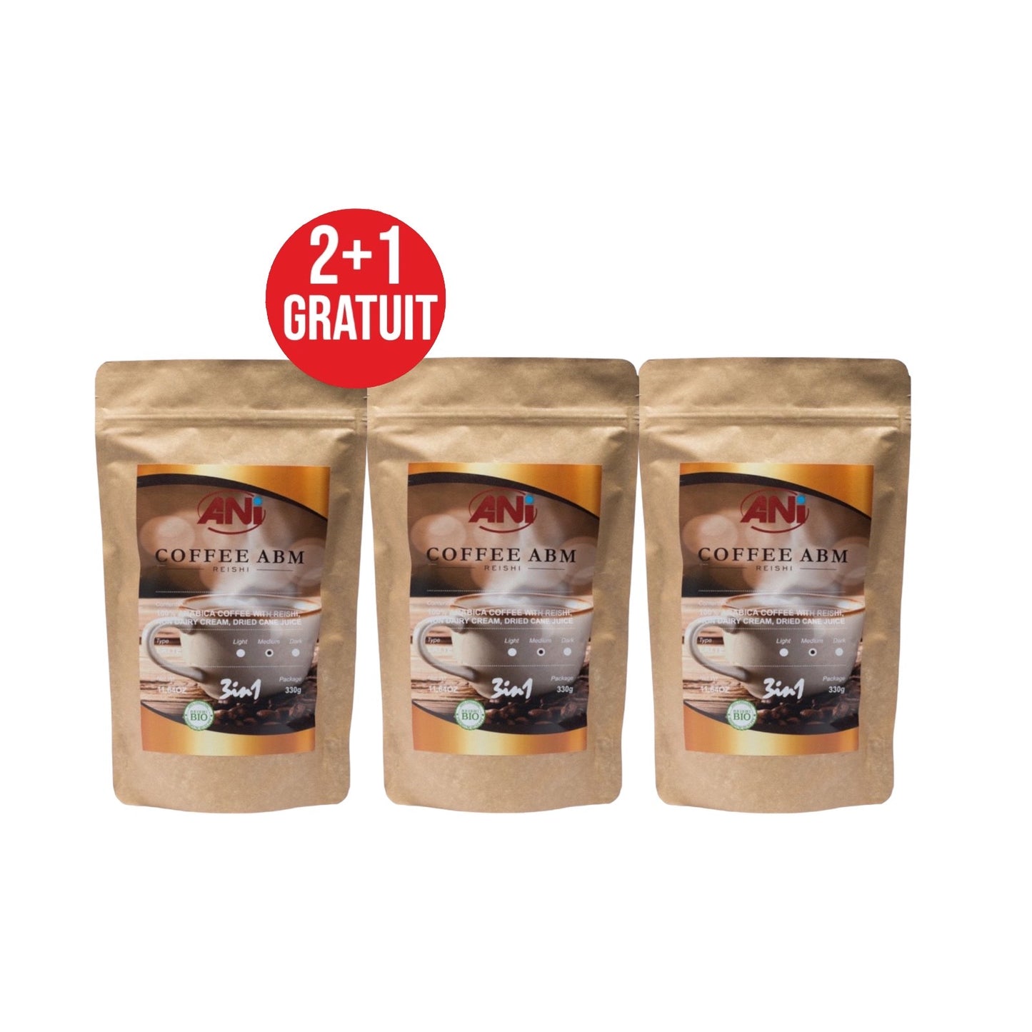 Café instantané ABM Reishi 3en1 - jus de canne 330g 2+1  Gratuit doypack ANilab