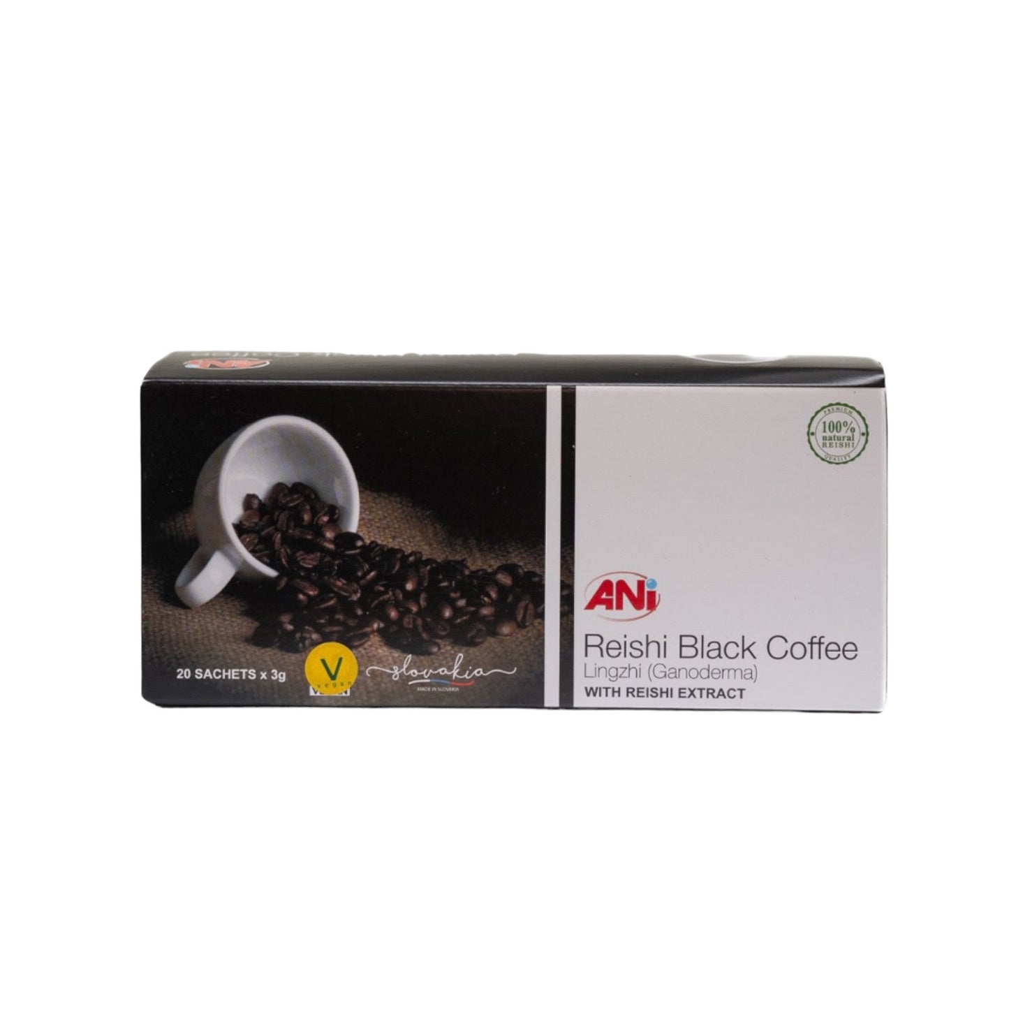 Café noir instantané ANi au Reishi - EXCELLENT GOÛT, FORT ÉVEIL - 100% Arabica du Brésil et 6,7% extrait de Ganoderma Lucidum - Boîte 20X3g ANilab