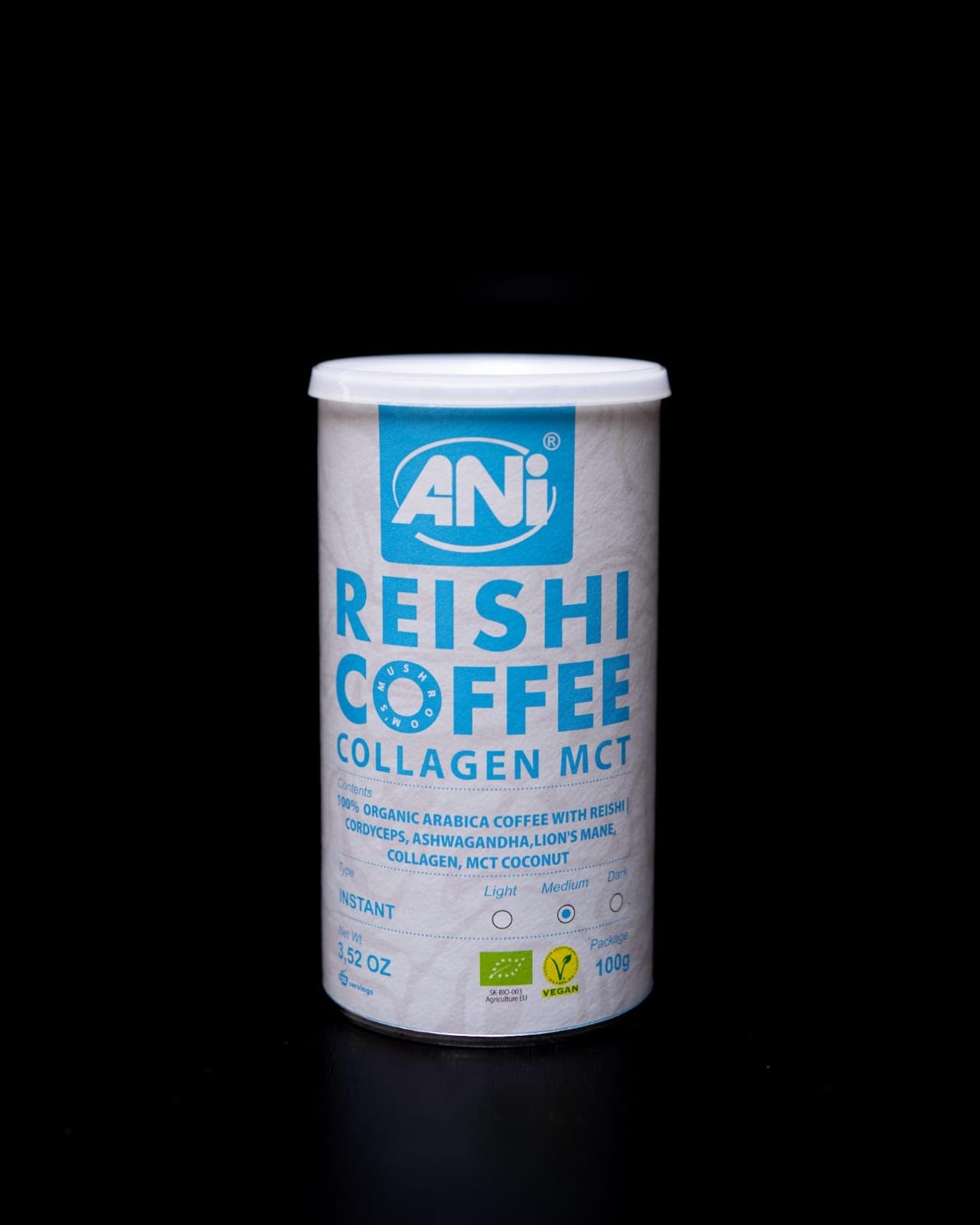 Reishi Coffee Collagen MCT BIO Café Instantané avec du Cordyceps, de l'Ashwagandha, du Chaga, du Guarana et de la Criniere de Lion - Boite 100g