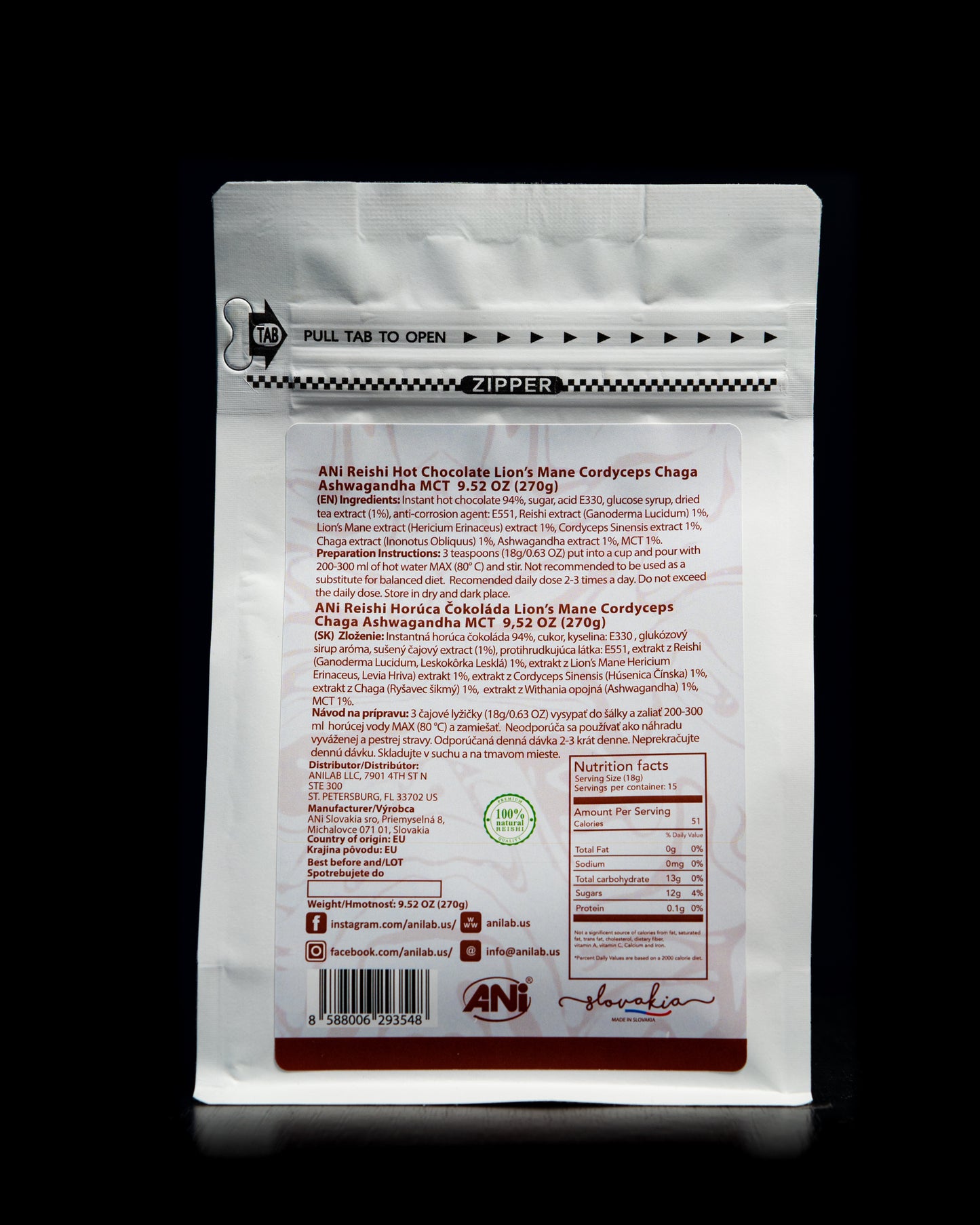 Chocolat chaud Crinière de lion Cordyceps, Chaga, Ashwagandha, MCT, Reishi 270g doypack ANilab