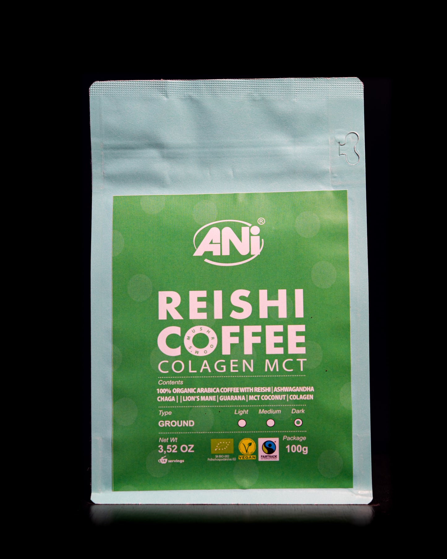 Café moulu Collagène Reishi BIO à l'huile MCT - Cordyceps - Ashwagandha - Chaga - Guarana - Lion's Mane 100g 2+1 gratuit ANilab