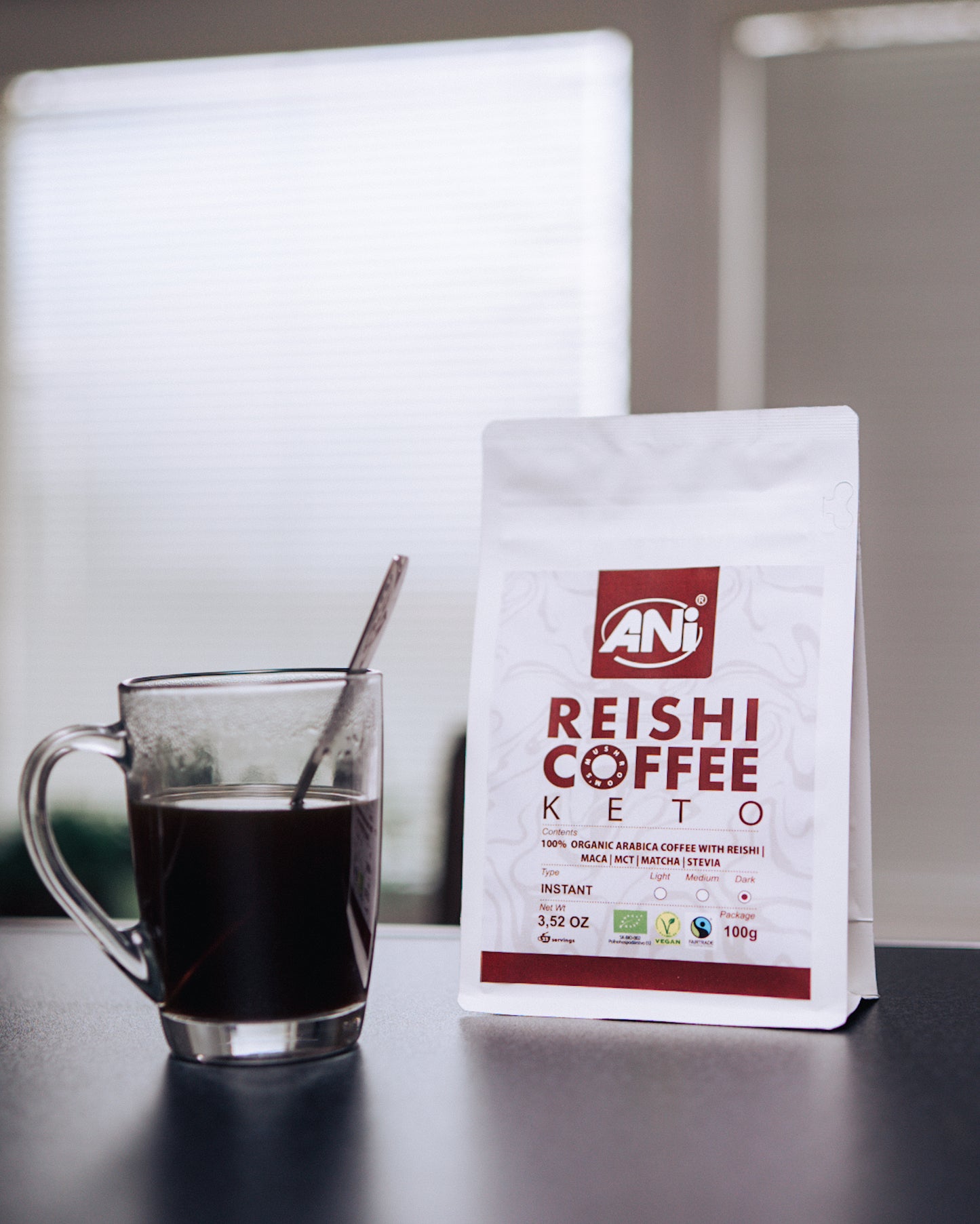 Café instantané Keto Reishi BIO à l'huile MCT - Maca - Matcha - Stevia 100g 2+1 gratuit ANilab