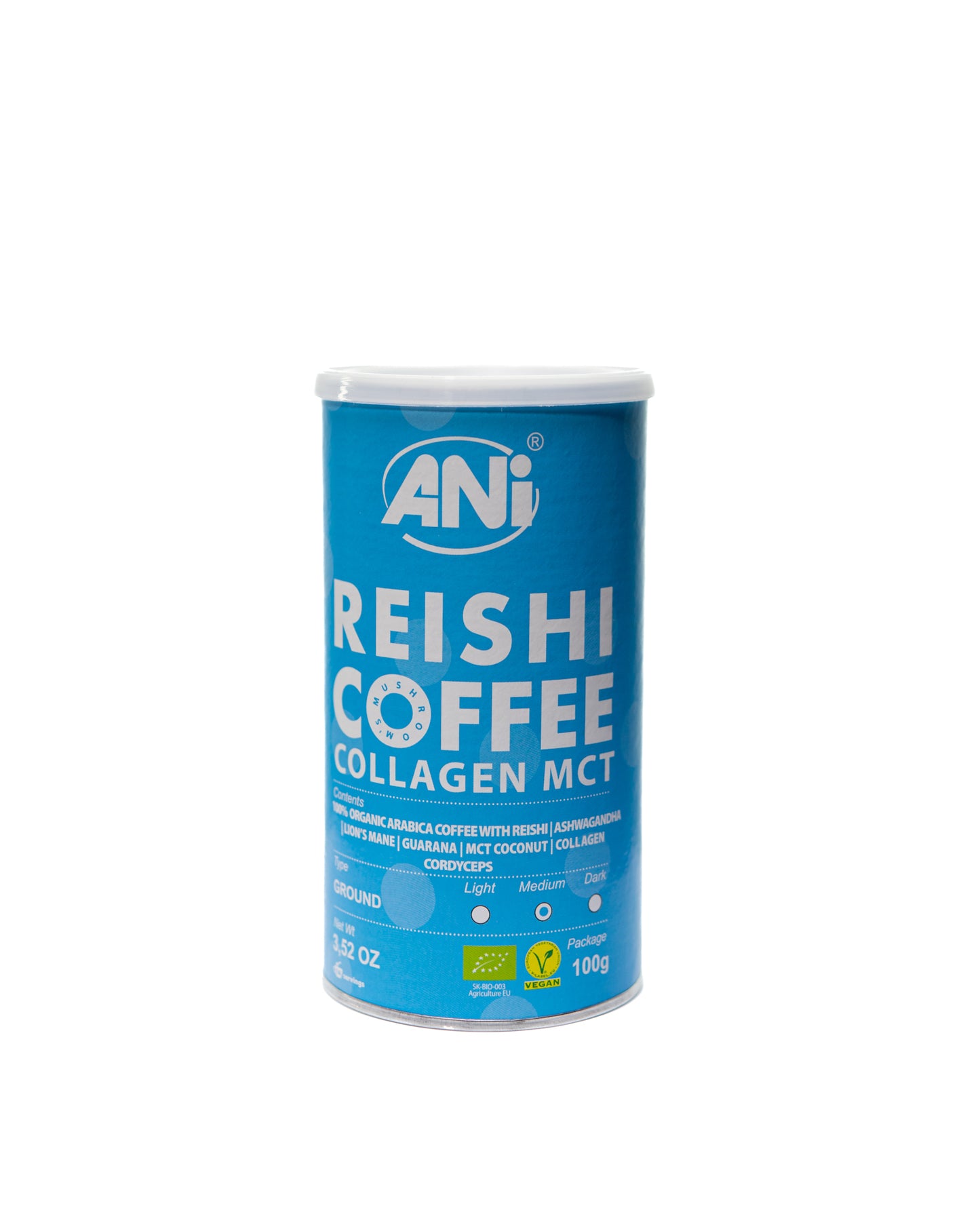 Café moulu Collagène Reishi BIO à l'huile MCT - Cordyceps - Ashwagandha - Crinière de Lion - Guarana Boîte 100g 2+1 gratuit ANilab