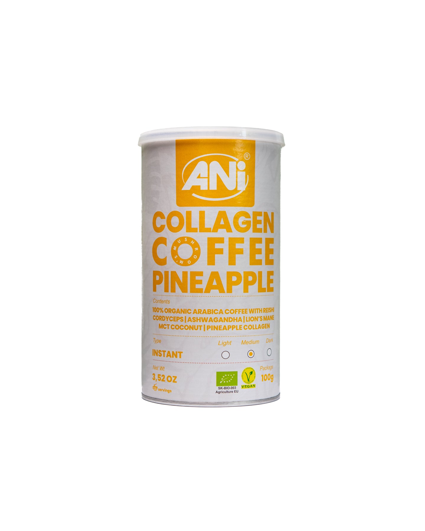 Café instantané au collagène et à l'ananas avec Reishi, Cordyceps, Ashwagandha, Lion's Mane, noix de coco MCT Boite 2+1 gratuit