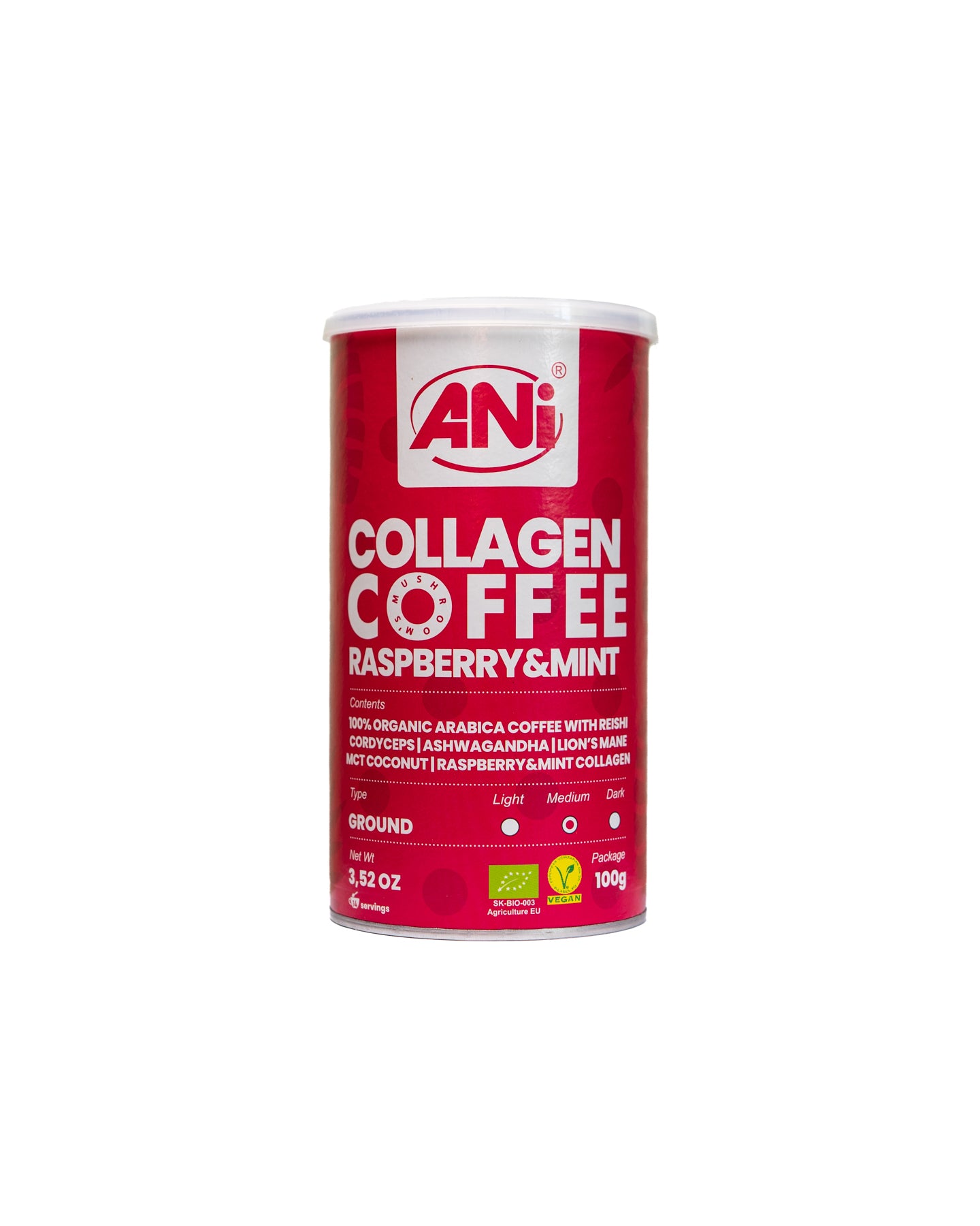 Café moulu Collagène Framboise et Mint avec Reishi, Cordyceps, Ashwagandha, Crinière de Lion, Noix de Coco MCT, Collagène Framboise et Mint boite 2+1 gratuit ANilab